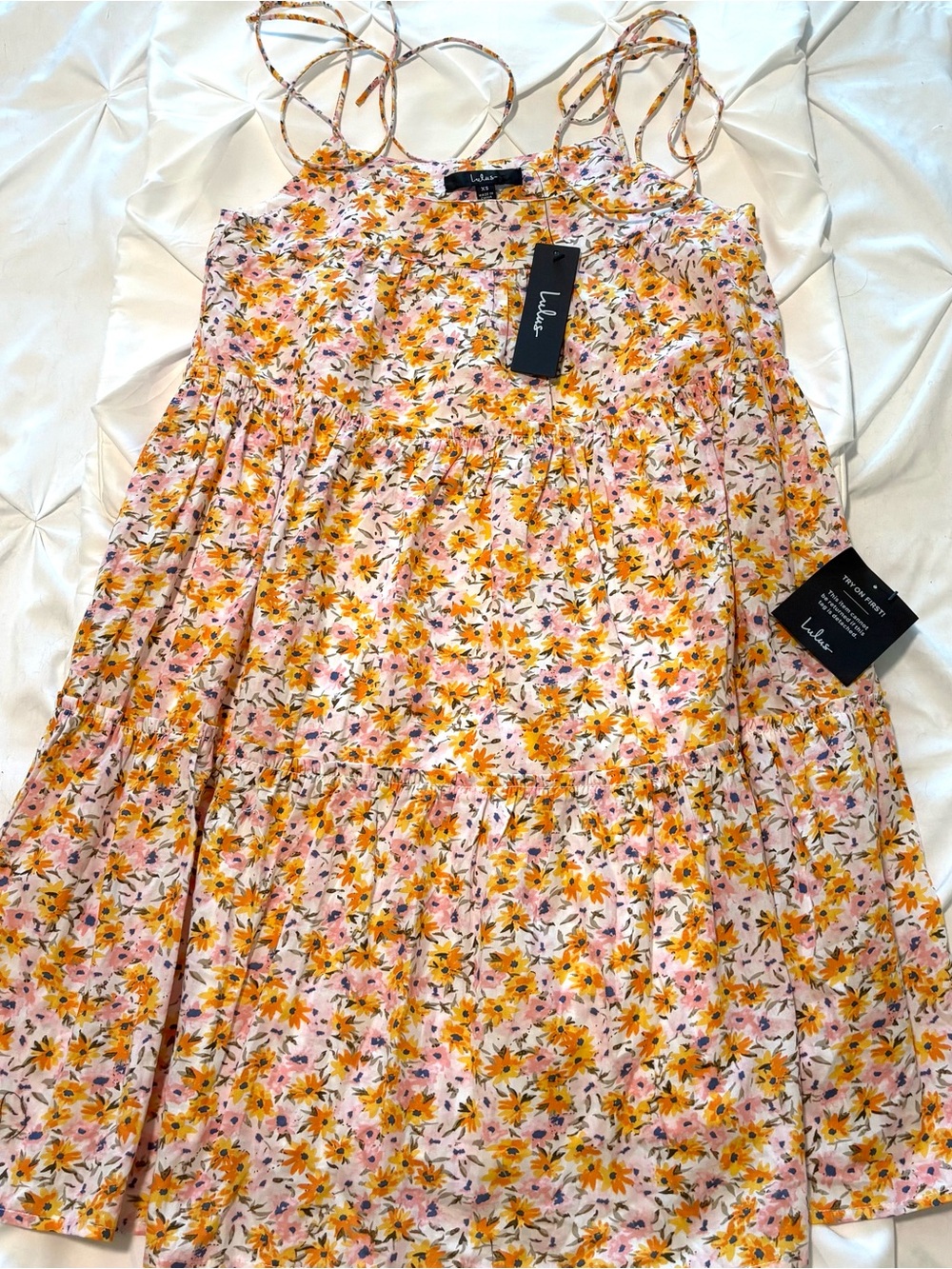 Lulus Ditzy Floral Yellow & Pink Tiered Cotton Mini Dress, Size XS And NWT